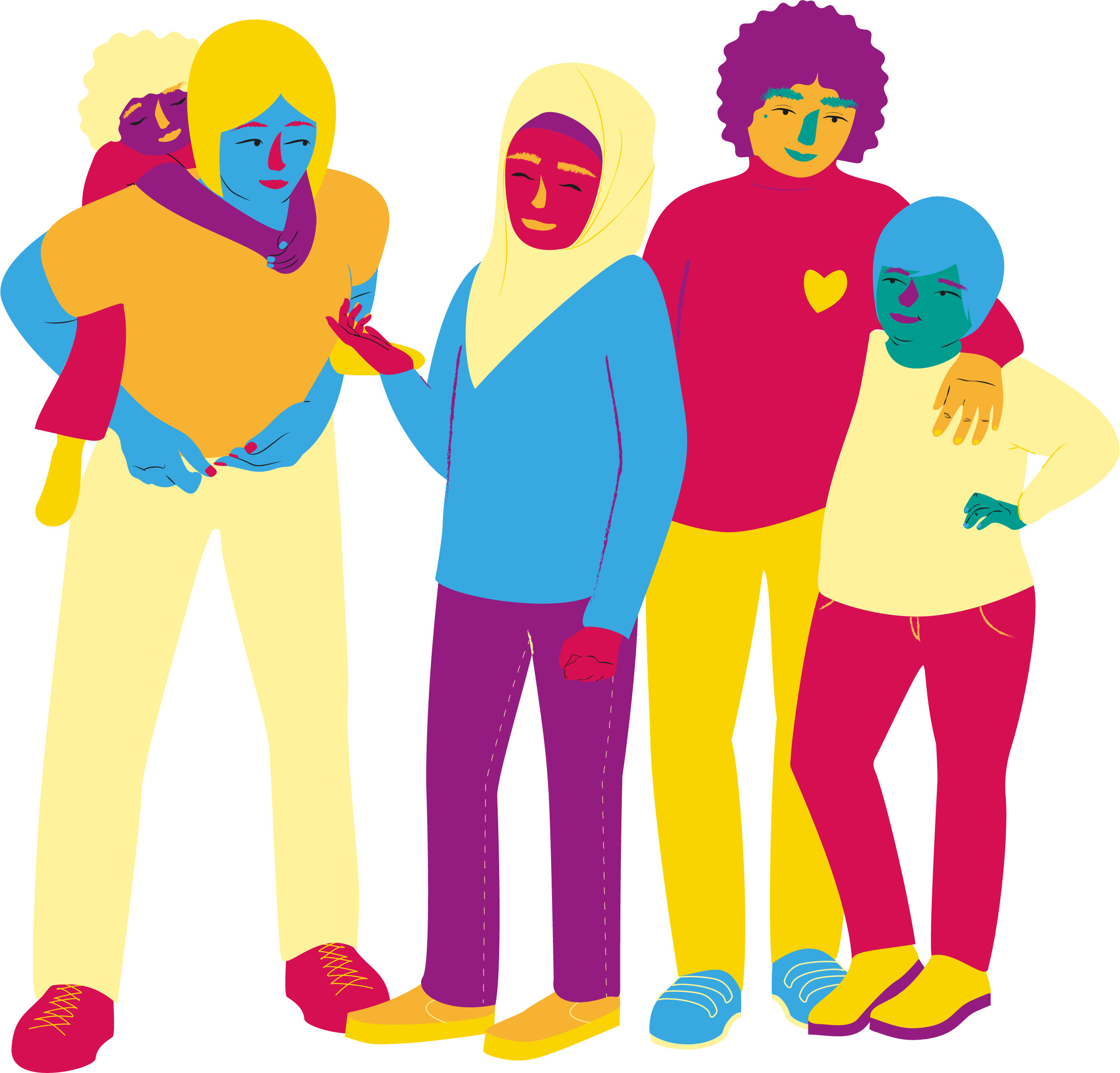 färgglad illustration av ett antal vuxna och barn