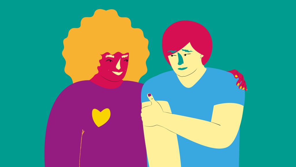 illustration avv två personer där den ena har ett friends-hjärta på tröjan.