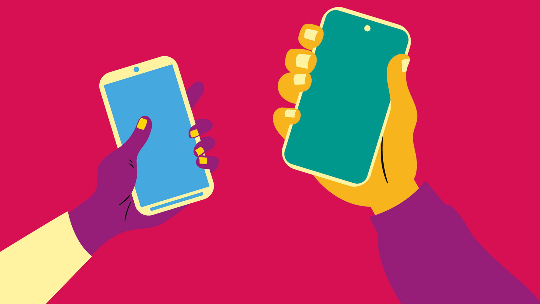 illustration av två två händer som håller varsin mobiltelefon