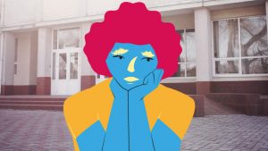 illustration av ett barn framför en skola