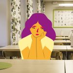 Illustration: Ledsen flicka i skolmatsalen