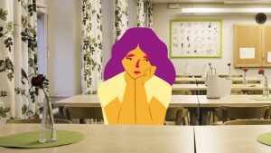 Illustration: Ledsen flicka i skolmatsalen