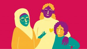 en färgglad illustration av tre personer