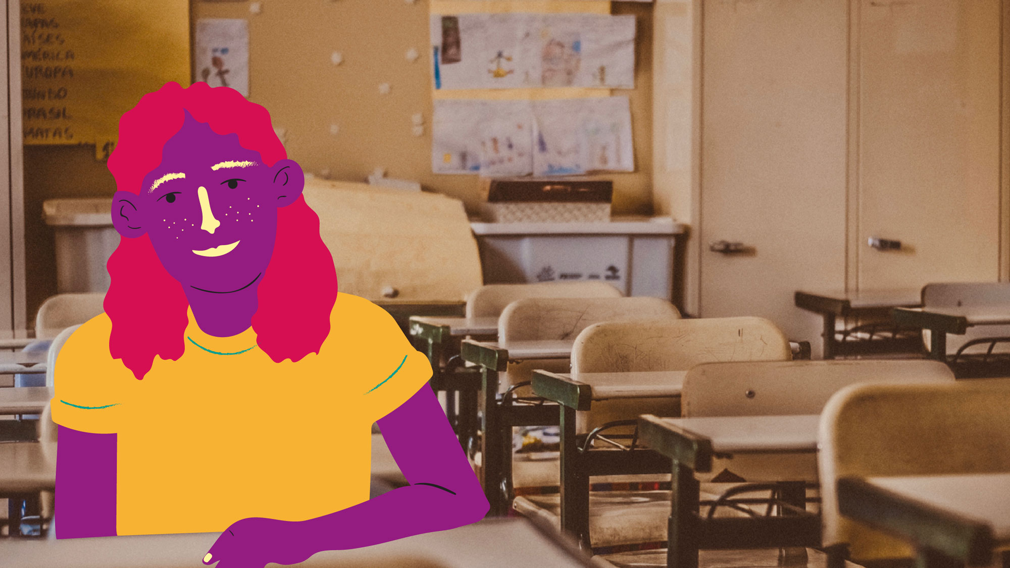 en illustration av ett barn som sitter i ett klassrum och ser glad ut