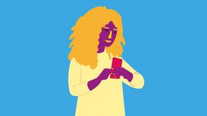 illustration av en flicka som håller en mobiltelefon i handen