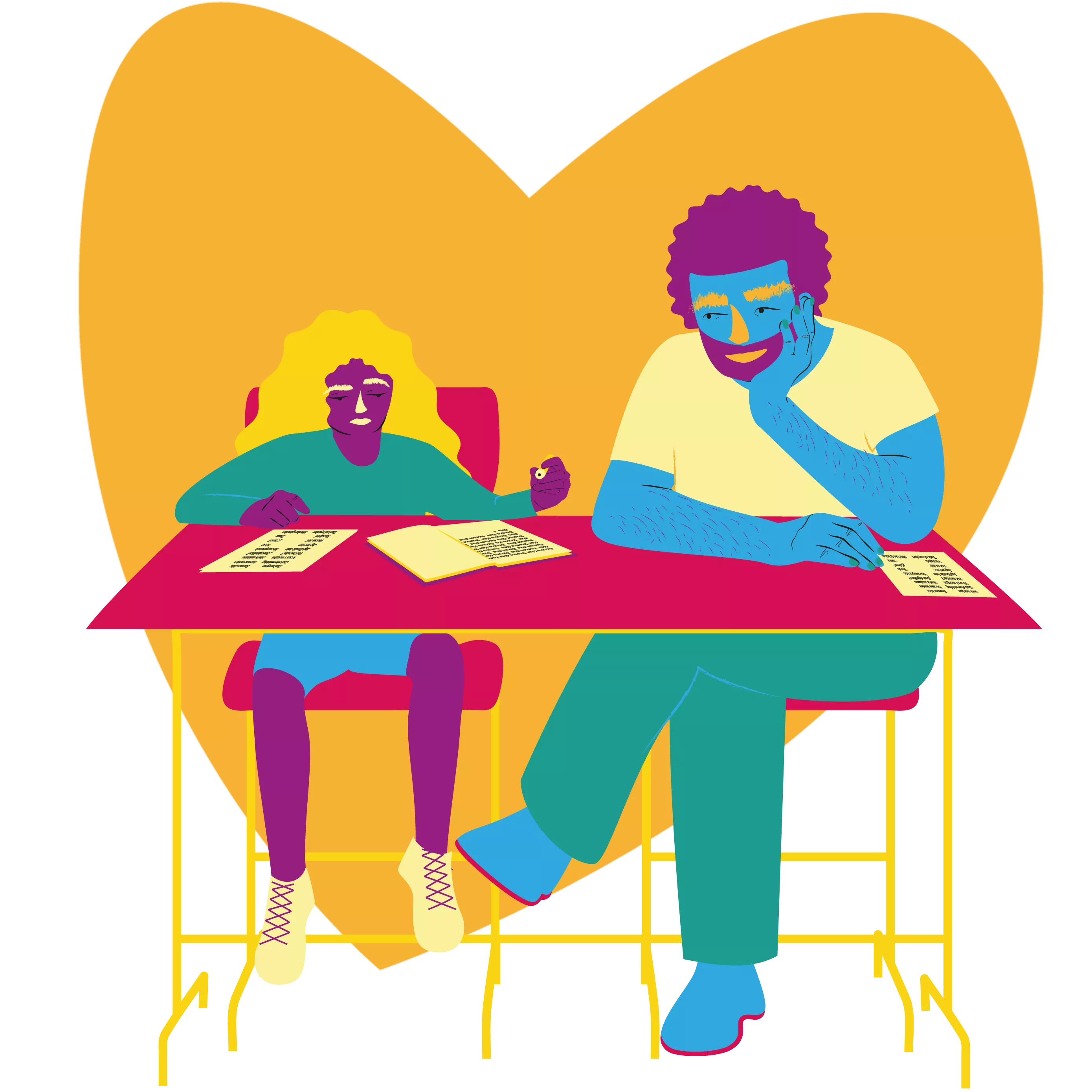 Illustration: barn med pedagog sitter vid ett bord