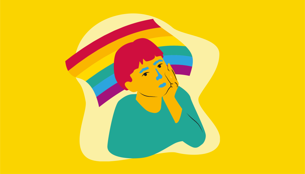 illustration: barn framför en regnbågsflagga