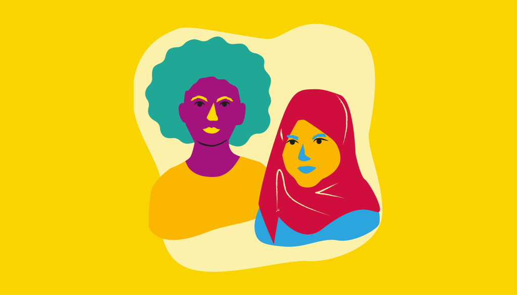 illustration: ett barn med stort hår och ett barn med hijab