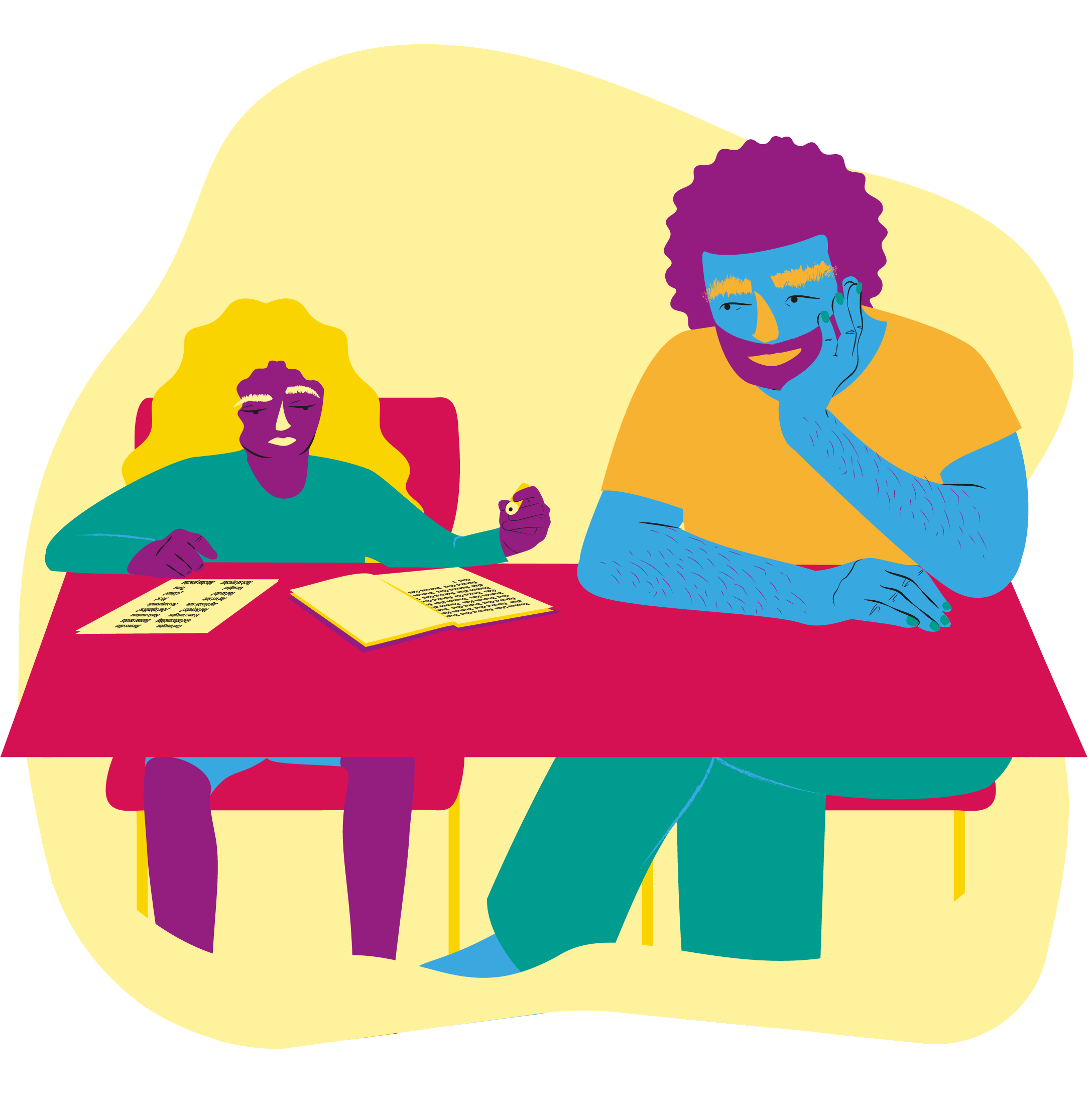 Illustration: barn med pedagog sitter vid ett bord