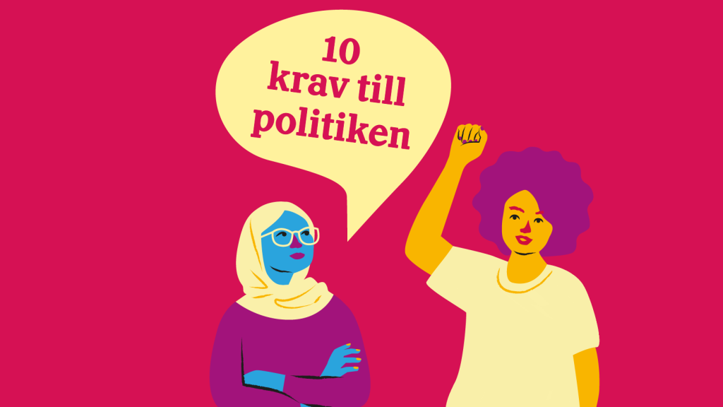 illustration med figurer och en pratbubbla som säger friends 10 krav till politiken