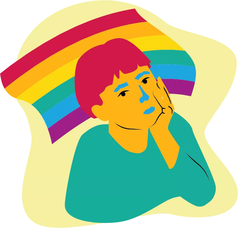 illustration: barn framför en regnbågsflagga