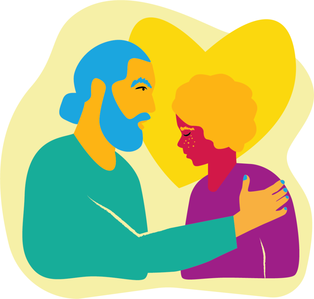 illustration: En förälder håller en hand på ett barns axel