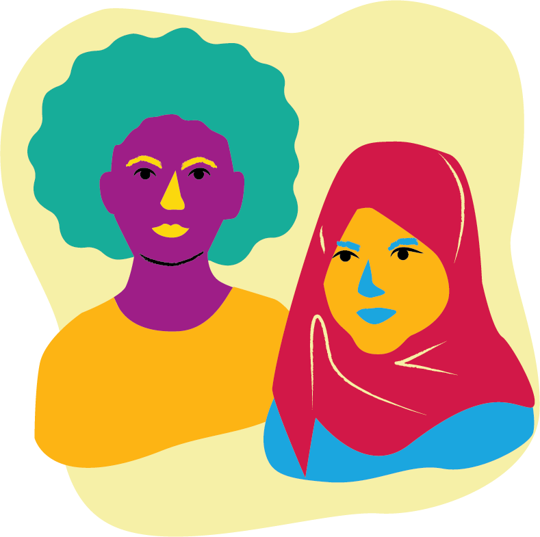 illustration: ett barn med stort hår och ett barn med hijab