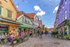 The colorful street in down town Stavanger. Photo: Brian Tallman.